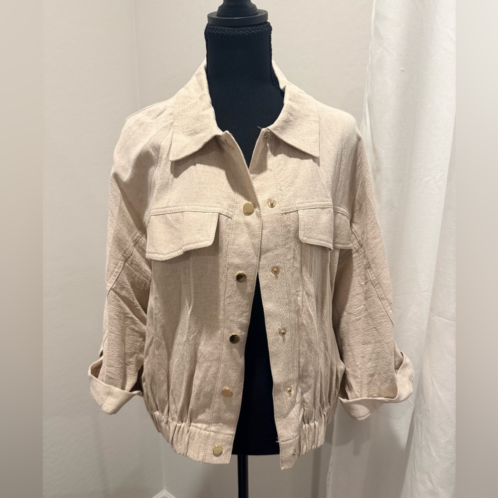 ZARA ZW Collection Textured Bomber Jacket Gold Buttons Ecru 3261/768